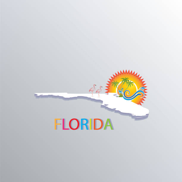 Florida map with sun, trees and waves tropical beaches icon logo Florida map with sun, trees and waves tropical beaches icon logo vector image map of florida beaches stock illustrations