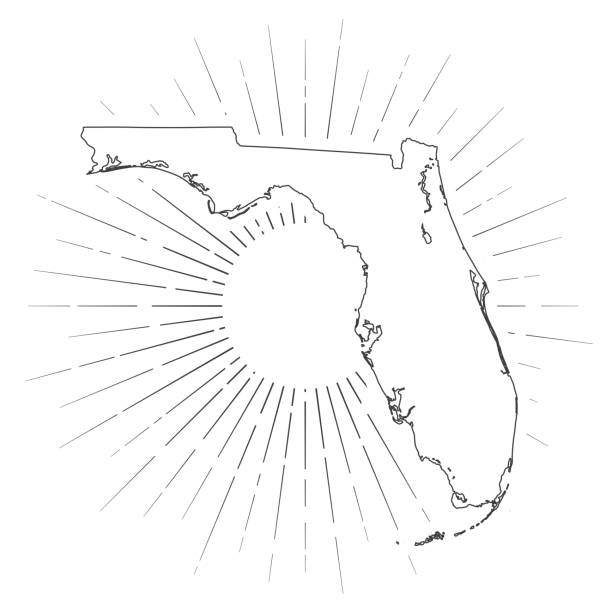 Florida map with sunbeams on white background Map of Florida created with a thin black outline and  light rays. Trendy and modern illustraion isolated on a blank background. Vector Illustration (EPS10, well layered and grouped). Easy to edit, manipulate, resize or colorize. florida us state stock illustrations