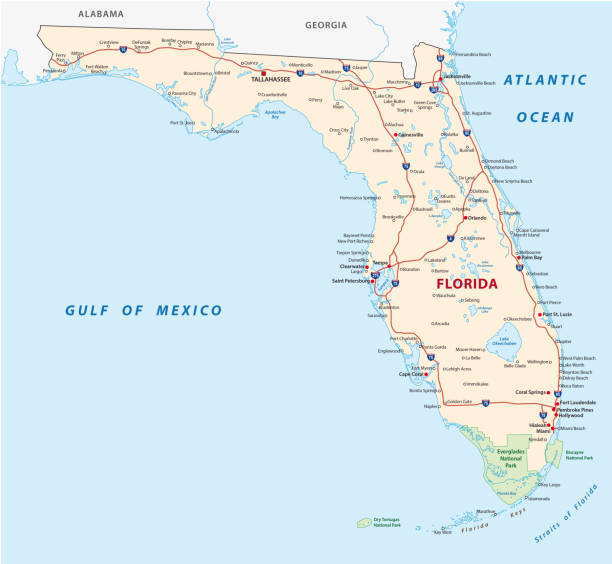 florida road map with national parks florida road vector map with national parks florida beaches map stock illustrations