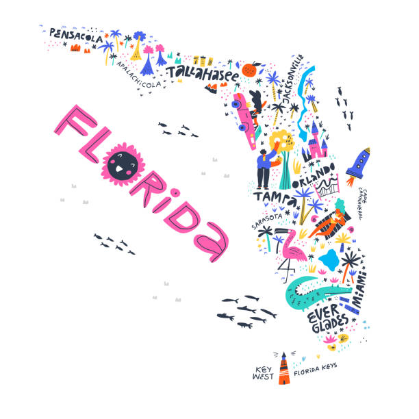 Florida state map top view vector illustration. US city names freehand lettering. American tourist attractions, entertainments, infrastructure. People on ocean beach cartoon characters Florida state map top view vector illustration. US city names freehand lettering. American tourist attractions, entertainments, infrastructure. People on ocean beach cartoon characters florida beaches map stock illustrations