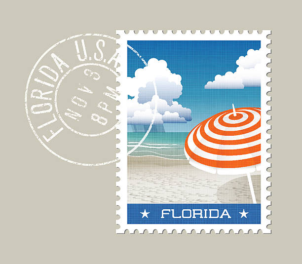 bildbanksillustrationer, clip art samt tecknat material och ikoner med florida white sand beach with striped umbrella. postage stamp design. - gulf coast states