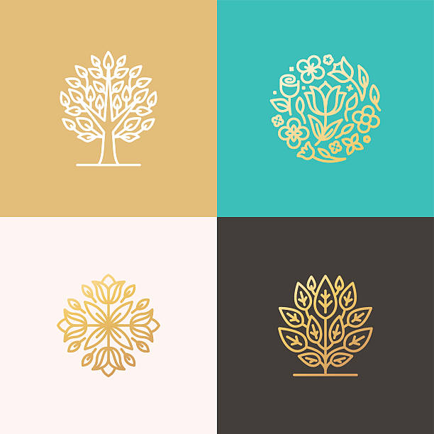 Florist and landscape designers logos Set of vector simple and elegant logo design templates in trendy linear style made with golden foil - abstract emblems for floral shops or studios, wedding florists, creators of custom floral arrangements, gardening businesses and landscape designers mother nature stock illustrations