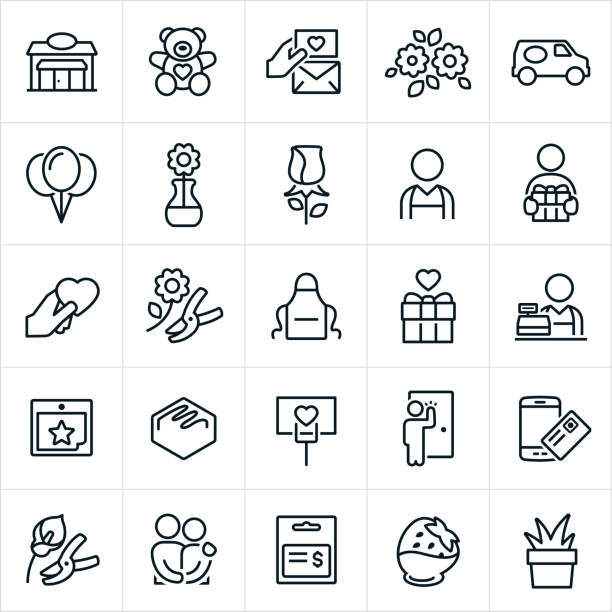 Florist Icons Florist icons. The icons include a floral shop, teddy bear, love note, sympathy card, flowers, delivery van, balloons, rose, florist, gift, heart, love, apron, merchant, calendar, chocolate, delivery, online purchase, couple, gift card, chocolate strawberry and decorative plant to name a few. apron stock illustrations