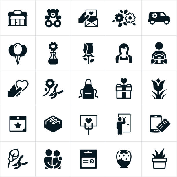 A set of florist icons. The icons include a florist, floral shop, flowers, teddy bear, delivery van, balloons, card, gift, delivery, rose, chocolates and chocolate covered strawberry to name a few.