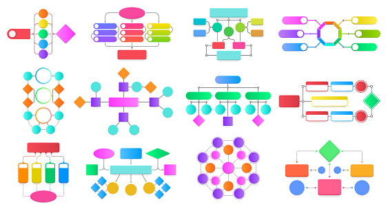 Flowchart infographic diagrams. Block flowchart diagrams, work process structure presentation schemes vector illustration set. Workflow steps schemes