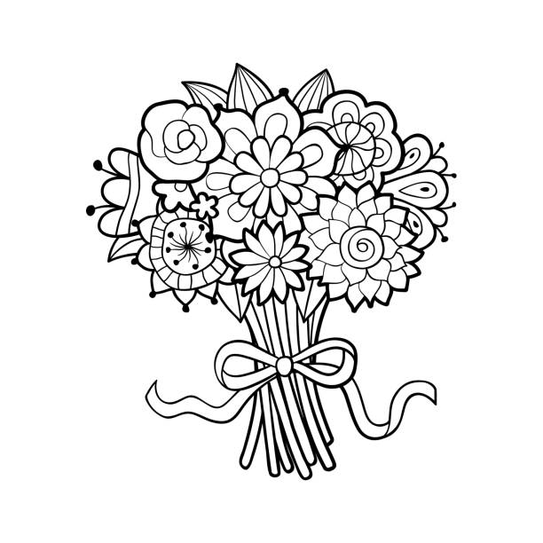 Flower bouquet Flower bouquet decorated with bow. Black and white outline vector illustration, isolated on white. Antistress coloring page for adults flower coloring pages stock illustrations