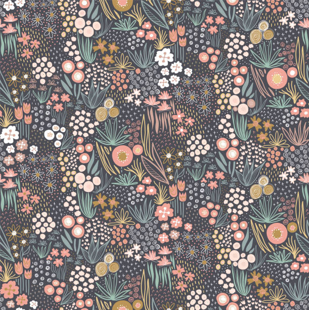 Flower field pastel colors on dark seamless vector pattern. Repeating liberty doodle flower meadow background. Repeating Scandinavian style line art florals. For fabric, wallpaper, home decor Flower field pastel colors on dark seamless vector pattern. Repeating liberty doodle flower meadow background. Repeating Scandinavian style line art florals. For fabric, wallpaper, home decor. floral pattern stock illustrations