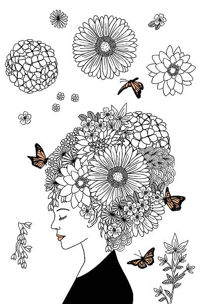Flower girl - hand drawn portrait Hand drawn ink portrait of a girl with flower hair butterfly coloring stock illustrations