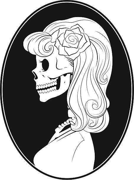 flower girl skeleton cameo black and white skeleton glam gal in a 50's style. cameo brooch stock illustrations