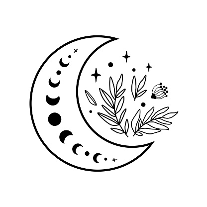 Flower moon logo. Moon phase flowers. Black moon icon. Celestial crescent isolated vector. Hand drawing