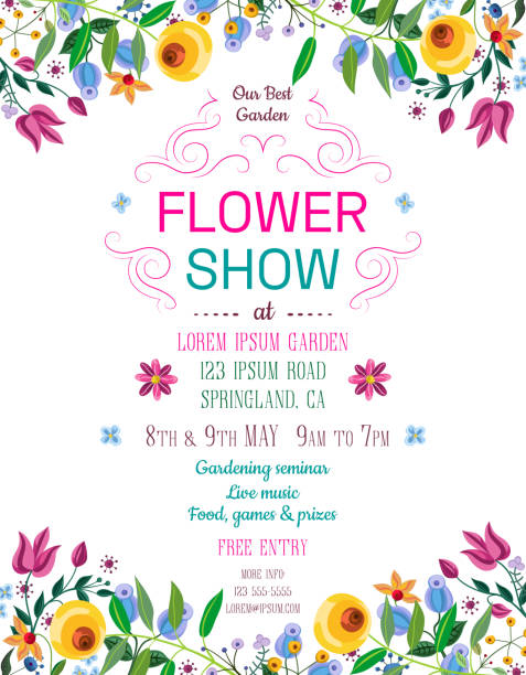 Flower show announcing poster template. Text customized for invitation to event. Garden party layout with fancy flowers in folk painting style. Vector illustration. performance borders stock illustrations