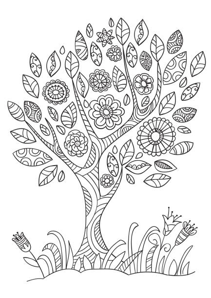 Flowering tree in doodle style. Coloring book page with flowering tree in doodle style. Hand drawn sketch, black and white. flower coloring pages stock illustrations