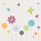 Vector horizontal seamless background with flowers in a row and butterfly spinning