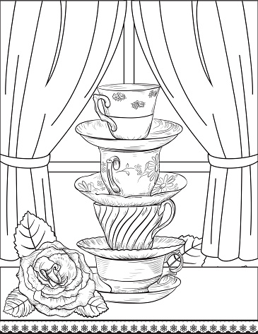 Flowers and Tea Adult Coloring Page.