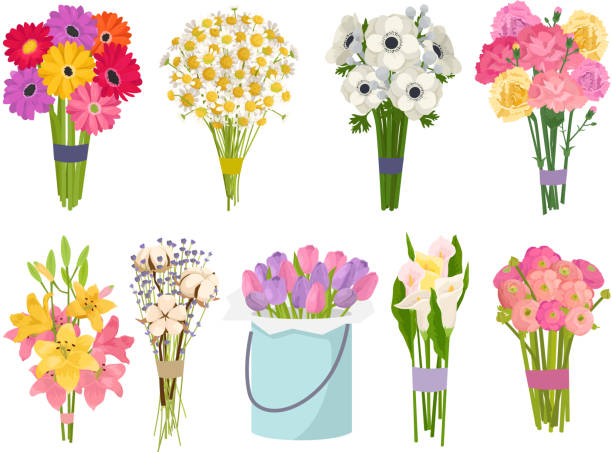 Flowers brunch bouquet set collection flat floral vector garden vector illustration Flowers brunch bouquet set collection flat floral vector garden vector illustration. Botanical natural peonies illustration on white. Summer floral greeting card botany colorful rose decoration. bunch of flowers stock illustrations
