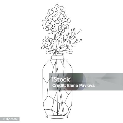 istock Flowers in glass vase doodle. Floral vase. Blooming spring flowers in hand drawn style. Small flowers. Illustration vase with flower to decoration interior. Vector illustration colorin page. 1311296751