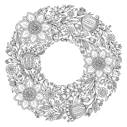 Download Flowers Wreath Coloring Book Page For Adult Stock ...