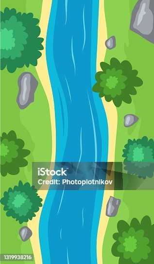 istock Flowing river top view, cartoon curve riverbed with blue water, coastline with stones, trees and green grass. Illustration of summer scene with brook flow with sand shore. Vector illustration 1319938216
