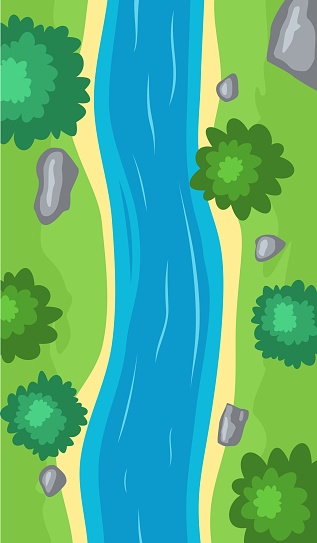 Flowing river top view, cartoon curve riverbed with blue water, coastline with stones, trees and green grass. Illustration of summer scene with brook flow with sand shore. Vector illustration