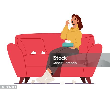 istock Flu and Viral Infection Sickness Concept. Diseased Woman Sneezing with Wipes around. Female Character Coughing, Sneeze 1317362464