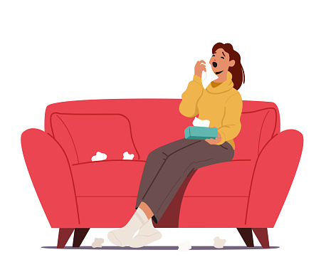 Flu and Viral Infection Sickness Concept. Diseased Woman Sneezing with Wipes around. Female Character Coughing Having Cold or Coronavirus Symptom, Medicine and Illness. Cartoon Vector Illustration
