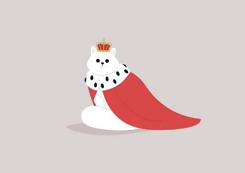 A fluffy white cat wearing a red royal mantle and a golden crown