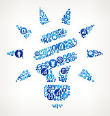 Fluorescent Light Bulb   Business and Finance Blue Icon Pattern. The round vector buttons completely fill the outlines of the main shape and form a seamless pattern, Each button has a white business and finance icon on it. The buttons vary in size and in the shade of the blue color. The background of this vector illustration is white. The icon set includes classic finance and business icons such as business people, images of various money and financial items as well as typical technology and communication symbols.