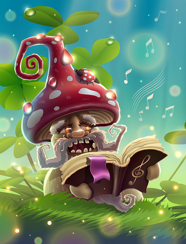 Fly agaric mushroom or amanita with musical book is singing in summer magic forest with green grass, beautiful clover flowers, wonderful nature landscape, garden, park, meadow. Outdoors illustration in vector.