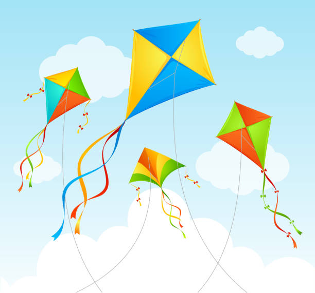 Fly Kite Summer Background. Vector Fly Kite and Clouds on a Blue Sky. Summer Background. Vector illustration billboard posting stock illustrations
