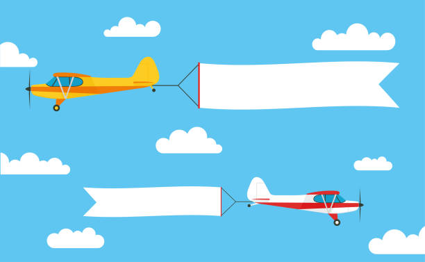 ilustraciones, imágenes clip art, dibujos animados e iconos de stock de bandera del vuelo publicidad, sacó por avionetas con - stock vector. - airplane