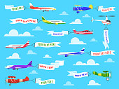 Flying advertising banner. Sky planes banners airplane flight helicopter ribbon template text advertisement message vector background