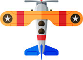 Flying Aircraft, Biplane View from Above, Air Transport Vector Illustration on White Background.