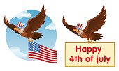 Flying American eagle in the patriotic hat holds American flag or Happy 4th of July banner. Cartoon styled vector illustration. Elements is grouped. No transparent objects.