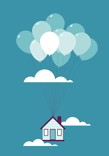 Flying balloon house vector art illustration