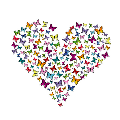 Flying butterflies pattern in heart shape isolated on white background