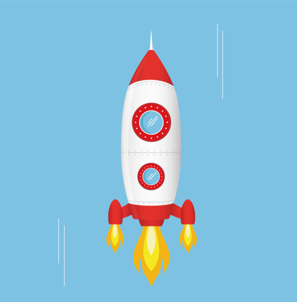 Flying cartoon rocket in flat style isolated on blue background Flying cartoon rocket in flat style isolated on blue background rocketship clipart stock illustrations
