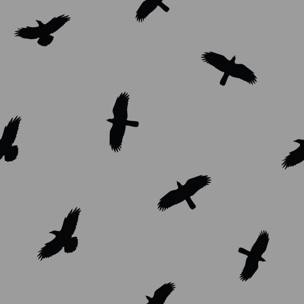 Flying crows in the dark grey sky seamless pattern vector art illustration