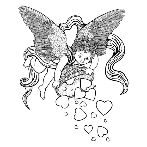 illustrazioni stock, clip art, cartoni animati e icone di tendenza di flying cupid disperde un cuore, illustrazione contorno - cherubini