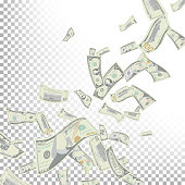 Flying US Dollars Vector. Detailed Falling US Cartoon Money Bills. Falling Finance Every Denomination In The Air Isolated On White Illustration