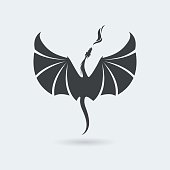 Stylized rising flying Dragon breathing fire. Logo in grey color.  Vector illustration. Works well as a tattoo, icon, print or mascot.