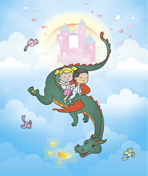 Flying Dragon kids castle fantasy vector art illustration