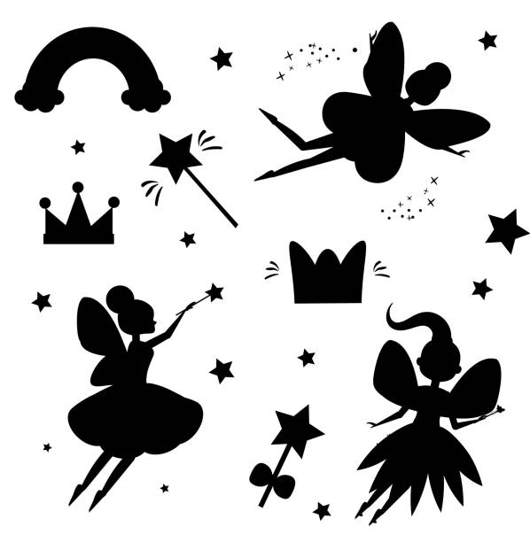 Flying fairies silhouettes isolated on white background. Magical features of fairy world. Isolated elements for stickers, scrapbook Flying fairies silhouettes isolated on white background. Magical features of fairy world. Isolated elements for stickers, scrapbook and etc fairy stock illustrations