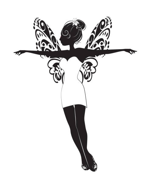 flying fairy silhouette of beautiful flying fairy girl in white dress with butterfly wings, picture in hand drawing style, for t-shirt wear fashion print design, greeting card, postcard. party invitation butterfly fairy flower white background stock illustrations