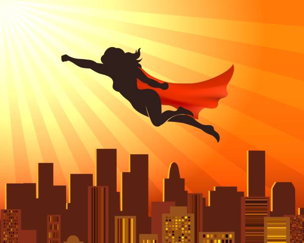 Flying girl superhero Flying girl superhero. Sup hero woman silhouette over city roofs, red cape vector comic super girl justice concept superwoman stock illustrations