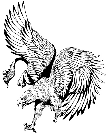 flying griffin or griffon. Black and white