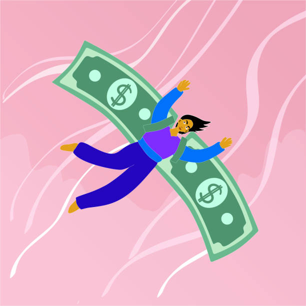 ilustrações de stock, clip art, desenhos animados e ícones de flying man with wings of money. free businessman. - notas euros voar