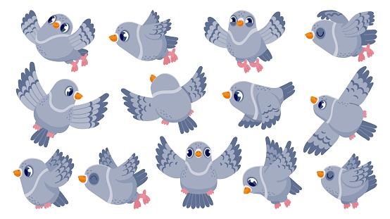 Flying pigeon. Cartoon bird character in flight, cute mascot with funny face, colorful flat dove animal clip art. Vector pigeon collection isolated on white