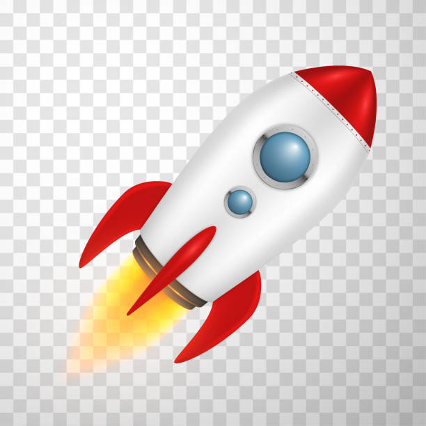 ilustrações de stock, clip art, desenhos animados e ícones de flying rocket in realistic style. spaceship, aircraft launch. business sturt up, project development. - sturm