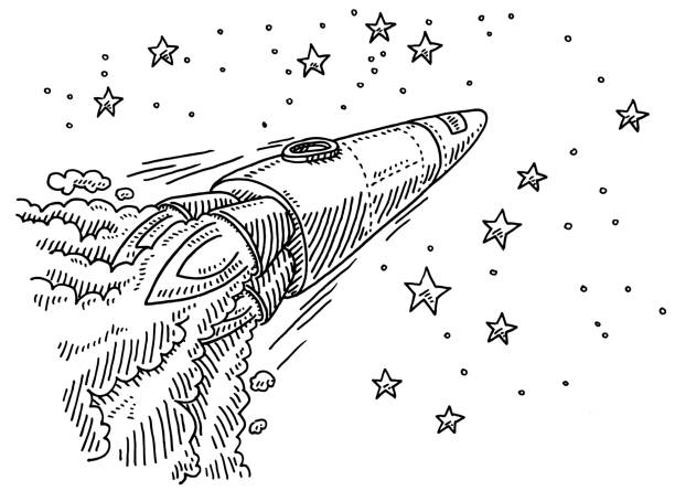 Flying Rocket To The Stars Drawing Hand-drawn vector drawing of a Rocket, which is Flying To The Stars. Black-and-White sketch on a transparent background (.eps-file). Included files are EPS (v10) and Hi-Res JPG. rocketship drawings stock illustrations