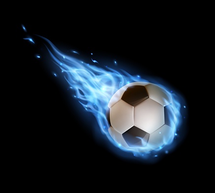 Flying soccer ball with blue fire trails, sports
